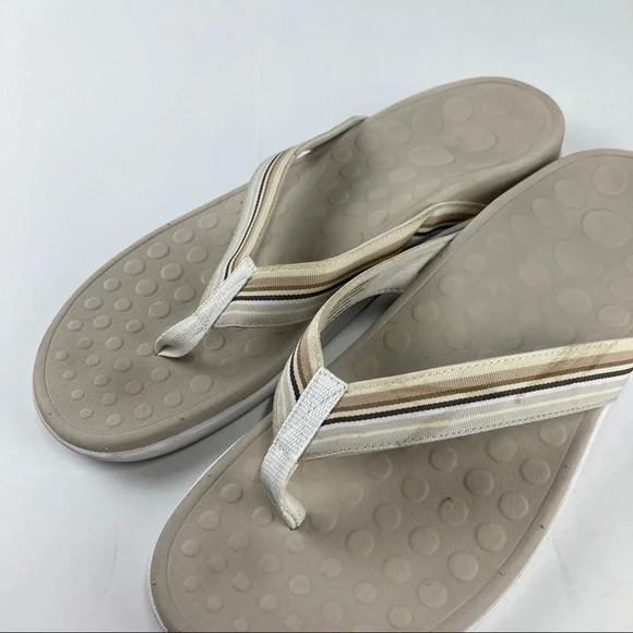 Orthaheel HIGH TIDE Beige Sand Tan Leather Fabric Flip Flop Sandals Women's 11 - Picture 3 of 5